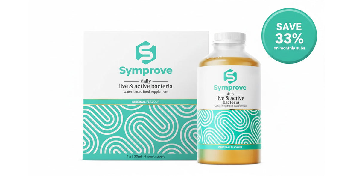 Symprove probiotic bottle and packaging on a white background
